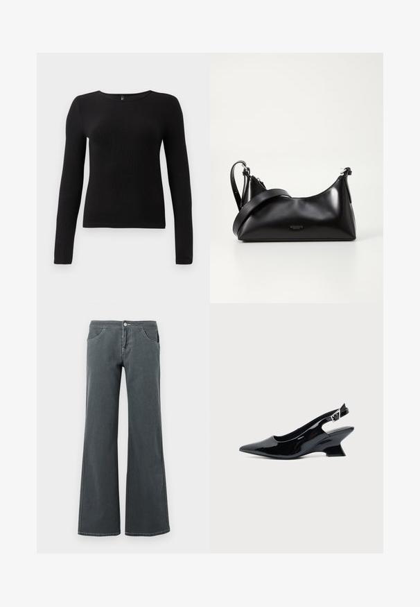 Zwarte geribbelde langemouwen top met een ronde halslijn en een aansluitende silhouet. De stof lijkt zacht en tekstuurlijk met een subtiele stretch.; Grijze flared jeans van denim met een gladde textuur. Kenmerken zijn een knoopsluiting, riemlussen en voorzakken.; Zwarte lakleren slingback schoen met spitse neus en lage schuine blokhak op een effen lichte achtergrond.; Zwarte leren handtas met een gladde textuur. Beschikt over een verstelbare schouderband en een strak, minimalistisch ontwerp met een ritssluiting.