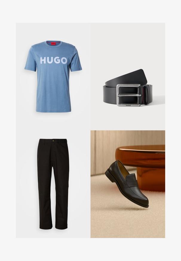 Helles blaues Baumwoll-T-Shirt mit kurzen Ärmeln, mit einem großen weißen "HUGO"-Logo auf der Vorderseite. Einfacher Rundhalsausschnitt, glatte Textur.; Schwarze Baumwollhosen mit geradem Schnitt, Gürtelschlaufen, einem Reißverschluss vorne und einem einzelnen Knopfverschluss. Glatte Textur ohne sichtbare Muster.; Schwarzer Leder-Loafer mit niedrigem Absatz, der über einem beigen Teppichboden nahe einem runden braunen Tisch schwebt.; Schwarzer Ledergürtel, zusammengerollt mit einer rechteckigen silbernen Schnalle, graviert mit „HUGO“ und einer Lederschlaufe mit roter Naht.