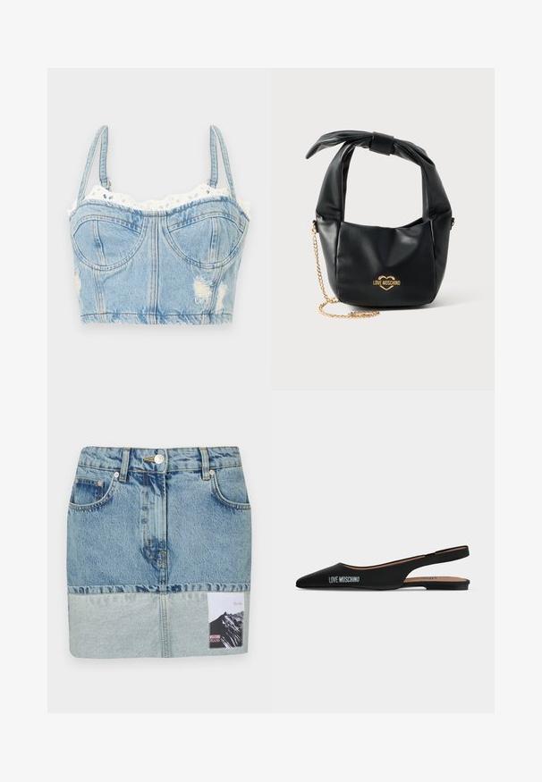 Top bustier court en denim bleu avec bretelles réglables, bonnets à armatures, bords effilochés et bordure en dentelle blanche à œillets le long du décolleté.; Jupe en denim mini avec un dégradé de bleu, design à cinq poches, quincaillerie en argent et étiquette imprimée avec un graphique de montagne.; Chaussure plate slingback noire pointue avec un petit talon et logo "LOVE MOSCHINO" sur le côté, sur un fond clair uni.; Sac à main Love Moschino en cuir noir souple avec poignée nouée et bandoulière chaîne dorée sur fond blanc.
