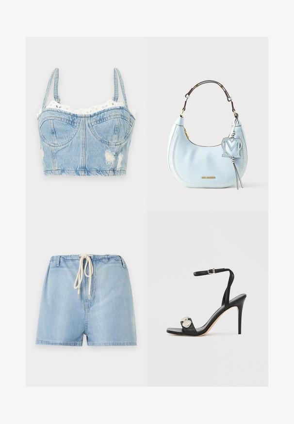 Top bustier court en denim bleu avec bretelles réglables, bonnets à armatures, bords effilochés et bordure en dentelle blanche à œillets le long du décolleté.; Shorts en denim bleu clair avec une ceinture élastique et un cordon blanc à nouer, passants de ceinture à l'avant et un ourlet simple.; Sandale à talons hauts noire avec une bride à la cheville, présentant une tige en cuir lisse, un bout carré et deux accents métalliques ronds.; Sac à main en cuir bleu clair de forme courbée, avec des surpiqûres blanches, une bandoulière marron, des finitions dorées et un charm décoratif en forme de "M".