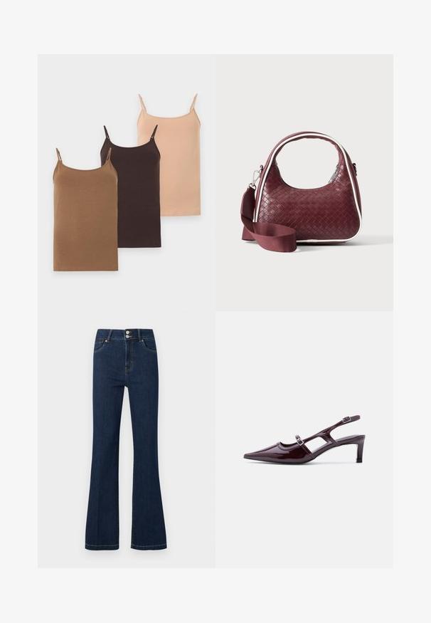 Trois camisoles fines pour femmes en beige, marron foncé et marron clair avec bretelles réglables, présentées à plat.; Jean en denim bleu foncé avec taille haute, double bouton de fermeture, poches avant et jambes légèrement évasées.; Chaussure slingback en cuir verni bordeaux avec bout pointu, talon bas et double bride à boucle réglable.; Sac à main en cuir tressé marron foncé avec poignée courbée, garniture blanche, fermeture éclair argentée et bandoulière large en tissu amovible sur fond uni.