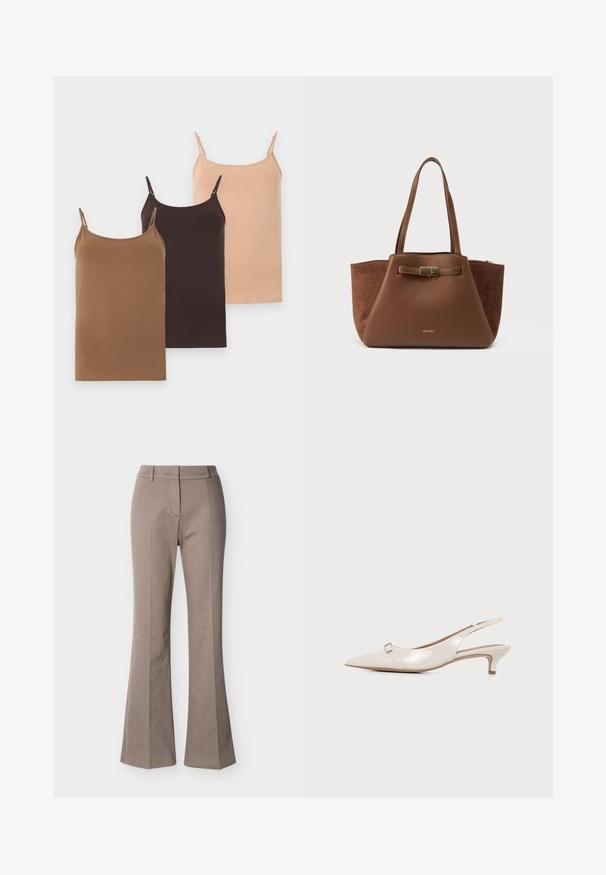Trois camisoles fines pour femmes en beige, marron foncé et marron clair avec bretelles réglables, présentées à plat.; Pantalon beige taille haute à jambes larges, avec détails de couture à l'avant, passants de ceinture et fermeture frontale cachée, présenté sur un fond blanc.; Escarpin beige en cuir verni à bride arrière, talon kitten, bout pointu et petite bride à boucle sur le devant.; Sac fourre-tout marron combinant des textures lisses et en daim, présentant une forme rectangulaire, des poignées doubles et un accent décoratif en or sur le devant.