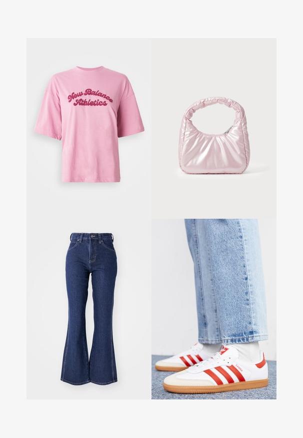 Lyserød kortærmet t-shirt med rund hals, prydet med teksten "New Balance Athletics" i fed rød kursiv på brystet mod en hvid baggrund.; Mørkeblå brede jeans lavet af denim, med høj talje, frontknaplukning og kontrastfarvet hvid syning langs sømmene.; Hvide lædersneakers med røde striber og accenter. Har en tekstureret gummisål og polstret krave. Bæres med lyseblå denim.; Rosa, polstret håndtaske med afrundet design, lavet af skinnende materiale. Har et samlet håndtag og en lynlås til sikker adgang.