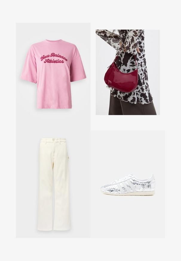 Lyserød kortærmet t-shirt med rund hals, prydet med teksten "New Balance Athletics" i fed rød kursiv på brystet mod en hvid baggrund.; Good American GOOD 90S CARPENTER - Wide leg - white denim; Hvid sportssko med metalisk sølvskæl, med tre hvide striber og teksturerede detaljer. Gummisål, lav profil design.; Kvinde iført en sort- og hvidmønstret bluse, der holder en blank rød skuldertaske mod en ensfarvet baggrund.