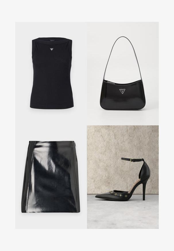Sort ærmeløs top lavet af bomuld, med bådudskæring og et lille krystal trekantlogo på brystet. Glat tekstur.; Sort læder mini skirt med en højglans finish. Har synlige syningsdetaljer og en tætsiddende silhuet. Glat tekstur hele vejen igennem.; Sort læder pumphøjhælede sko med spids tå, ankelrem og guldfarvede udsmykninger hen over overdelen. Glat tekstur.; Sort patenteret læder skuldertaske med en buet form, prydet med et sølvfarvet trekantet logo og en lynlås-lukning. Glat tekstur og slank rem.