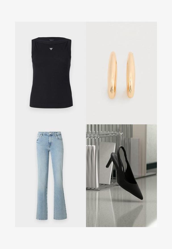 Sort ærmeløs top lavet af bomuld, med bådudskæring og et lille krystal trekantlogo på brystet. Glat tekstur.; Lyseblå jeans med høj talje, forrest knap og lynlås, to forlommer og lige, let udvidede ben mod en hvid baggrund.; Sort spids tå slingback højhælet sko svævende i luften over en skinnende gulv med stablede ringbind i baggrunden.; Hoop-øreringe i guldfarve med en glat, skinnende finish. Rundet, aflang form tilføjer moderne elegance. Dimensioner ikke angivet.