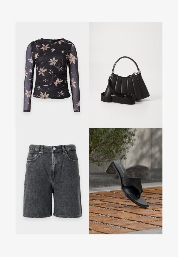 Top negro de manga larga con estampado floral en beige y crema. Presenta un diseño recogido y cierre con cremallera en la parte posterior. Confeccionado en una tela transparente y texturizada.; Pantalones cortos de mezclilla negra con bucles para cinturón, botón frontal, cierre con cremallera y diseño clásico de cinco bolsillos.; Sandalia de tacón negra de Calvin Klein con lazo en el dedo sobre un suelo de baldosas de madera al aire libre, cerca de un árbol y un muro de piedra.; Bolso de mano negro con pliegues, manejo redondeado, correa ajustable y textura brillante. Presenta herrajes plateados y una silueta estructurada.