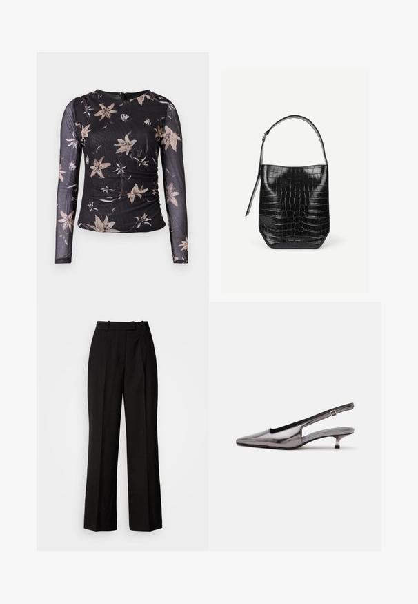 Haut noir à manches longues avec un imprimé floral beige et crème. Présente un design froncé et une fermeture éclaire au dos. Fabriqué dans un tissu transparent et texturé.; Pantalons larges noirs à taille haute, avec un motif tacheté subtil, un plissé à l'avant et une texture de tissu lisse.; Chaussure slingback gris métallique à bout pointu, petit talon kitten et bride réglable sur fond blanc.; Sac seau en cuir embossé noir façon croco avec une seule bandoulière et un petit logo argenté de la marque au centre en bas à l'avant.