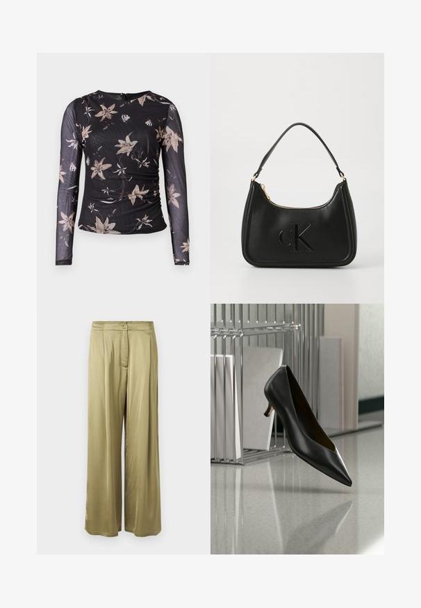 Top negro de manga larga con estampado floral en beige y crema. Presenta un diseño recogido y cierre con cremallera en la parte posterior. Confeccionado en una tela transparente y texturizada.; Pantalones de pierna ancha en verde oliva, confeccionados en tela suave, con cierre frontal de botón y detalles de pliegues en la cintura.; Zapato de cuero negro con punta afilada y tacón kitten flotando sobre un suelo gris moteado, junto a un organizador metálico de archivos con carpetas.; Bolso de mano de cuero negro con forma curva, que presenta una cremallera dorada y un sutil logo "cK" en relieve. Textura suave y un solo asa.