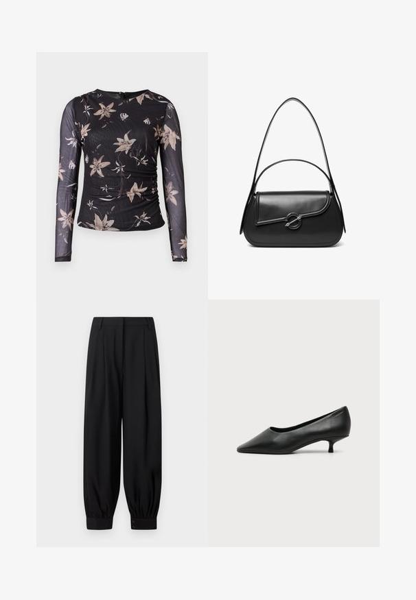 Haut noir à manches longues avec un imprimé floral beige et crème. Présente un design froncé et une fermeture éclaire au dos. Fabriqué dans un tissu transparent et texturé.; Pantalon noir fuselé avec plis, poignets élastiqués avec deux boutons chacun, et passants de ceinture à la taille.; Escarpin femme en cuir noir à petit talon, bout pointu et petit talon kitten sur fond clair uni.; Sac à bandoulière en cuir noir avec un rabat incurvé fermé par un fermoir métallique rond et une sangle fine et ajustable.