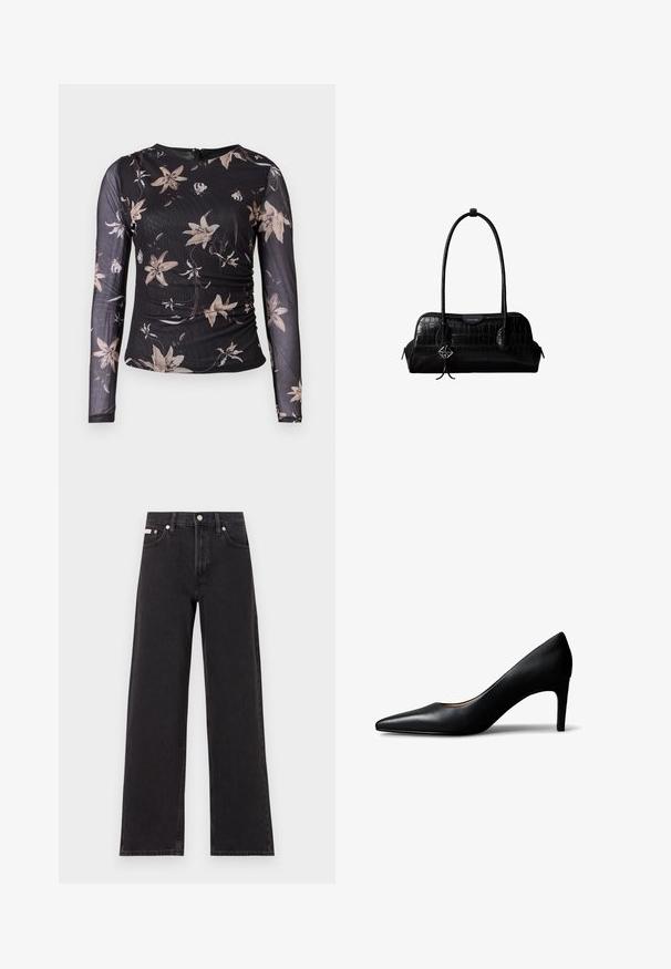 Top negro de manga larga con estampado floral en beige y crema. Presenta un diseño recogido y cierre con cremallera en la parte posterior. Confeccionado en una tela transparente y texturizada.; Jeans anchos de mezclilla negros, con cintura alta, cinco bolsillos y cierre de botón metálico con costuras contrastantes.; Zapato de mujer tipo pump de cuero negro con punta afilada y tacón medio, mostrado de lado sobre un fondo blanco.; Bolso de hombro negro de cuero con textura de cocodrilo, con correas largas y un pequeño colgante de logo plateado en una correa.
