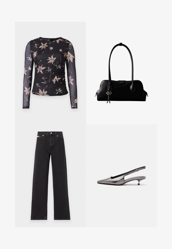 Sort langærmet top med blomsterprint i beige og creme. Har en samlet design og en lynlåslukning bagpå. Fremstillet af et gennemsigtigt, struktureret stof.; Sorte vidde jeans lavet af denim, med høj talje, fem-lomme stil og en metalknap lukning med kontrasterende syninger.; Metalgrå spids slingback-sko med lav kittenhæle og justerbar rem på hvid baggrund.; Sort lædertaske fra Calvin Klein med lange håndtag, en forside-logo-tag og en sølv geometrisk vedhæng, der hænger fra det ene håndtag.