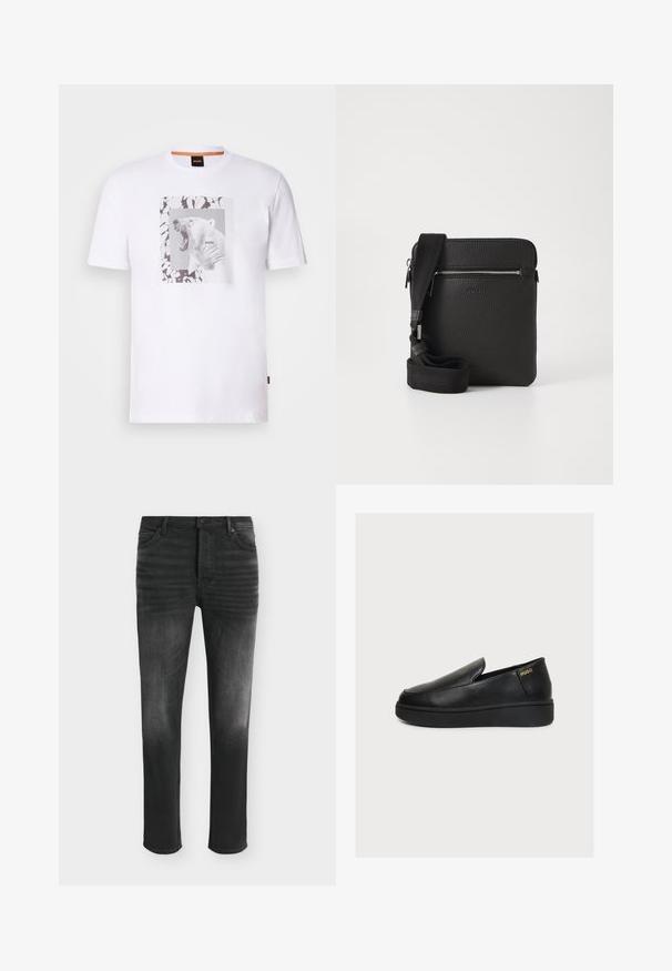 Weißes Baumwoll-T-Shirt mit einem Grafikmotiv eines brüllenden Eisbären in einem rechteckigen Rahmen, akzentuiert durch abstrakte schwarze und graue Muster.; Schwarze Skinny-Jeans mit ausgebleichten Details, Fünf-Taschen-Stil und Knopfverschluss in der Taille.; Schwarzer Leder-Slipper mit dicker Sohle und kleinem goldenem "HUGO"-Logo nahe der Ferse auf hellem Hintergrund.; Schwarze Leder-Umhängetasche mit strukturierten Oberflächen, einem Reißverschluss-Frontfach und einem verstellbaren Stoffgurt. Einfaches quadratisches Design.