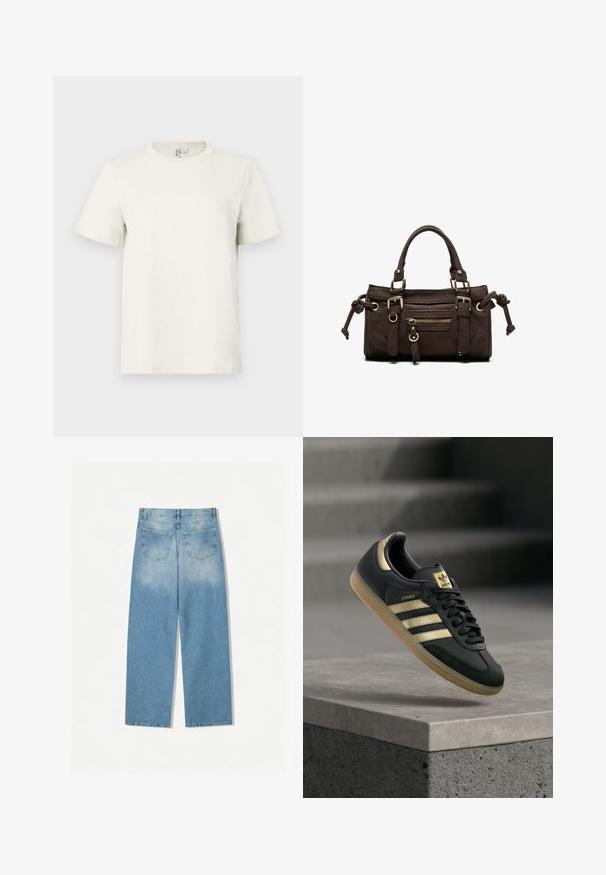 T-shirt en coton beige clair avec col rond, manches courtes et coupe régulière. Texture lisse et design minimaliste sans motifs ni accents.; Jean en denim bleu clair avec une coupe droite, doté de deux poches arrière et d'une texture décolorée à la partie supérieure.; Baskets Adidas Samba noires avec des bandes dorées et une semelle en gomme, flottant au-dessus d'une surface en béton avec des escaliers flous en arrière-plan.; Sac à main en cuir marron foncé avec double poignée, poche avant zippée, boucles décoratives et nœuds latéraux sur fond blanc.