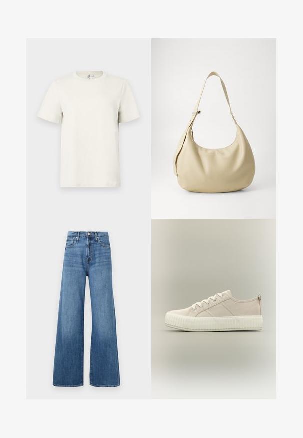 Licht beige katoenen t-shirt met een ronde hals, korte mouwen en een reguliere pasvorm. Zachte textuur en minimalistisch ontwerp zonder patronen of accenten.; Blauwe high-waisted wijde jeans met knoop- en ritsluiting, voorzakken en subtiele vervaging op de stof.; Beige lage canvas sneaker met een dikke witte rubberen zool en veters, zijaanzicht op een neutrale achtergrond.; Beige leren schoudertas met een gebogen vorm, verstelbare schouderband en reliëf logo detail, met een gladde textuur en een minimalistisch ontwerp.