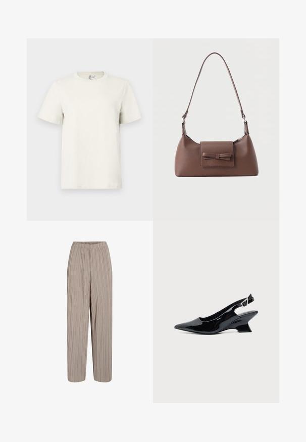 Camiseta de algodón beige claro con cuello redondo, mangas cortas y corte regular. Textura suave y diseño minimalista sin patrones ni acentos.; Pantalones beige de pierna ancha con plisados verticales y cintura elástica, adecuados para uso casual o formal.; Zapato slingback de cuero charol negro con puntera puntiaguda y tacón bajo en bloque inclinado sobre fondo claro liso.; Bolso bandolera de cuero marrón con un bolsillo frontal de solapa que presenta un detalle de moño cosido y una correa ajustable.