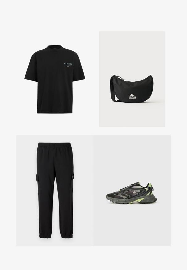 Camiseta de algodón negra con cuello redondo y mangas cortas. Presenta un pequeño logo de "ALLSAINTS" en azul claro en el lado izquierdo del pecho.; Pantalones de chándal negros con cintura elástica, puños ajustados y bolsillos laterales tipo cargo. Fabricados con material suave y textura lisa.; Zapatilla deportiva negra y verde neón con suela texturizada y diseño de cordones, con un logo de la marca en el lado.; Bolso de hombro Lacoste negro con forma curva, correa ajustable y logo de cocodrilo blanco en relieve sobre el nombre de la marca en la parte delantera.