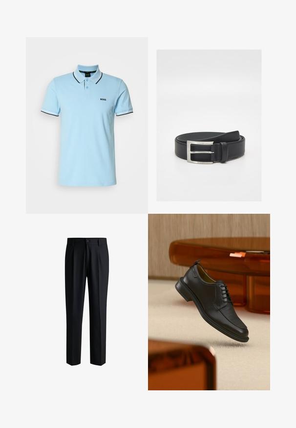 Lyseblå polo skjorte lavet af bomuld, med en klassisk krave, to-knaps placket og kontrasterende sort og hvid stribe accenter på ærmerne.; Sorte bukser lavet af glat stof, med lige ben-design, plisseringer foran og knaplukning med bæltestropper.; Sort lædersko med snørebånd og tekstureret front, svævende over beige tæppe i et moderne rum med møbler i ravfarvet toning.; Sort læderbælte med sølvrektangulært spænde med indgraveret "BOSS", pænt rullet sammen på en hvid baggrund.
