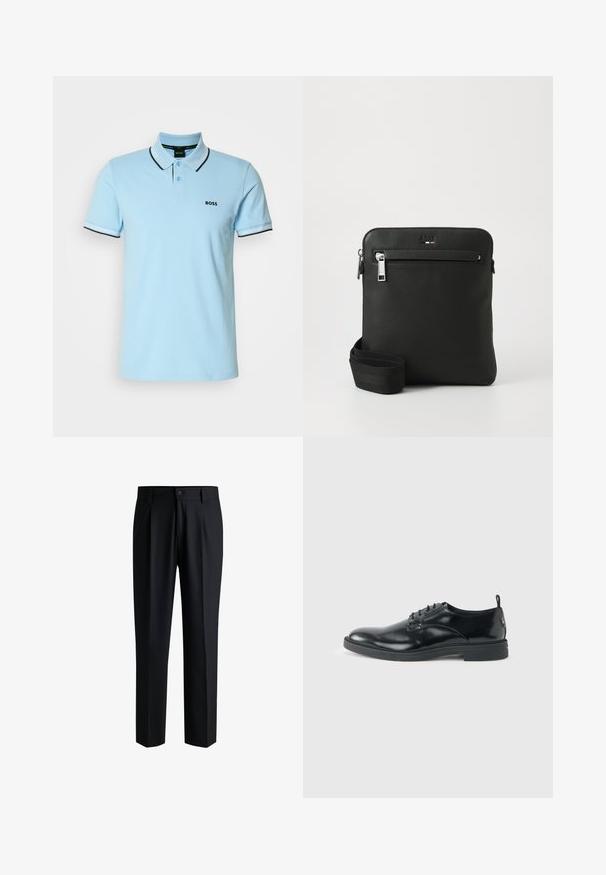 Lichtblauw poloshirt van katoen, voorzien van een klassieke kraag, een twee-knopen knoopsluiting en contrasterende zwart-wit gestreepte accenten op de mouwen.; Zwarte broek van gladde stof, met een rechte pijpdesign, plooien aan de voorkant en een knoopsluiting met riemlussen.; Glanzende zwarte lederen nette schoen met lage hak, vetersluiting en ronde neus, van opzij getoond tegen een effen lichte achtergrond.; Zwarte leren crossbodytas met een plat ontwerp, een gestructureerd oppervlak, ritssluiting, voorvak en een verstelbare stoffen riem.