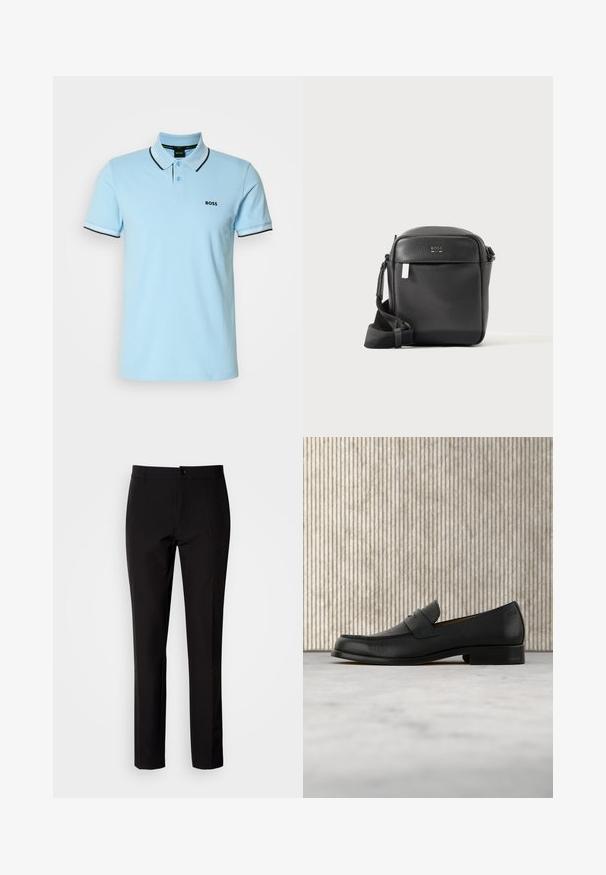 Lichtblauw poloshirt van katoen, voorzien van een klassieke kraag, een twee-knopen knoopsluiting en contrasterende zwart-wit gestreepte accenten op de mouwen.; Zwarte broek van gladde stof, met rechte pijpen, een sluiting met knopen aan de voorkant en subtiele zijzakken. Eenvoudige en op maat gemaakte uitstraling.; Zwarte leren loafer zweeft boven een beige tapijt met op de achtergrond een glanzende, ronde, bruine tafel.; Zwarte getextureerde leren crossbodytas met voorvak en verstelbare schouderriem, getoond op een effen lichte achtergrond.