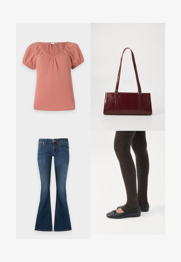 Haut rose à col en V avec des manches bouffantes. Fabriqué en tissu côtelé, avec une texture subtile et une coupe décontractée. Matériau lisse et léger.; Jeans évasés bleu foncé en denim, avec une conception à cinq poches, des passants de ceinture et une fermeture à bouton à l'avant. Texture lisse avec un minimum de décoloration.; Jambes portant des leggings côtelés foncés associés à des ballerines noires avec de petits détails en nœud sur fond blanc.; Sac à main bordeaux en matériau brillant, de forme rectangulaire, avec deux anses et des accents légèrement courbés à l'avant.