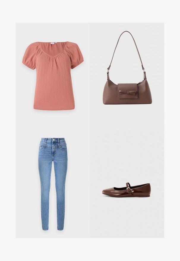 Haut rose à col en V avec des manches bouffantes. Fabriqué en tissu côtelé, avec une texture subtile et une coupe décontractée. Matériau lisse et léger.; Jean skinny en denim bleu clair avec une taille haute, deux poches avant et une braguette zippée. Présente une texture lisse et un léger effet délavé.; Ballerine en cuir verni marron avec un bout carré et une lanière ornée d'une petite boucle dorée. Texture lisse, talon bas et design minimaliste.; Sac à bandoulière en cuir marron avec une poche à rabat avant ornée d'un détail en forme de nœud cousu et une sangle réglable.
