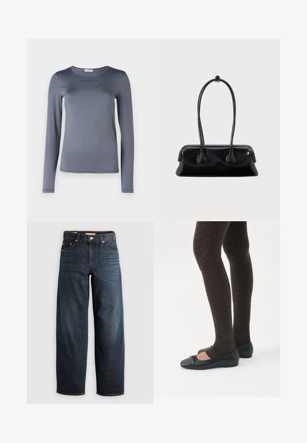 Chemise grise à manches longues en matière douce, dotée d'un col rond et du mot "BLANCHE" imprimé en noir sur la poitrine.; Jean bleu foncé en denim, avec une coupe droite, style cinq poches, accents de surpiqûres et fermeture à bouton.; Jambes portant des leggings côtelés foncés associés à des ballerines noires avec de petits détails en nœud sur fond blanc.; Sac à main en cuir noir avec deux poignées allongées, une texture lisse et une base arrondie, ornée d'accents décoratifs sur les côtés.