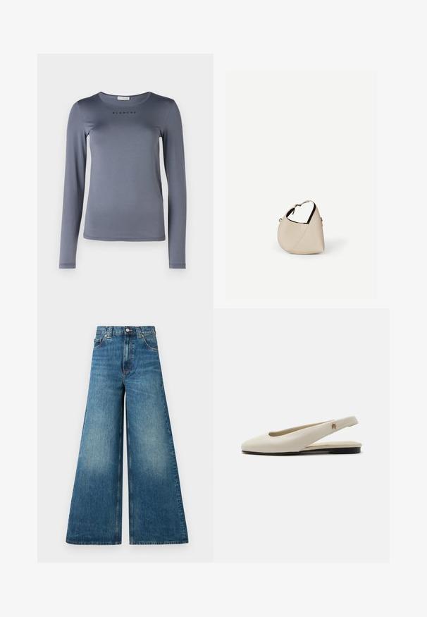 Camisa de manga larga gris, hecha de material suave, con un escote redondo y la palabra "BLANCHE" impresa en negro en el pecho.; Jeans de pierna ancha de talle alto en denim azul deslavado, con cierre de botón, pasadores para cinturón y dos bolsillos delanteros.; Zapato plano slingback de cuero color crema con puntera redondeada y pequeño emblema dorado en la correa.; Bolso de cuero beige en forma de media luna con una sola correa para el hombro y costuras mínimas, colocado sobre un fondo blanco liso.