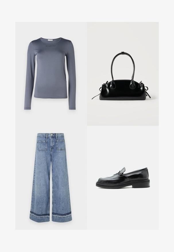 Chemise grise à manches longues en matière douce, dotée d'un col rond et du mot "BLANCHE" imprimé en noir sur la poitrine.; Jean en denim bleu clair à jambes larges avec une taille haute, deux poches arrière et des coutures contrastantes le long des ourlets.; Mocassin en cuir noir à enfiler avec un petit talon et un bout carré arrondi, vu de côté sur un fond blanc uni.; Petit sac à main noir brillant avec deux longues anses et des détails à cordon sur les côtés sur un fond clair uni.