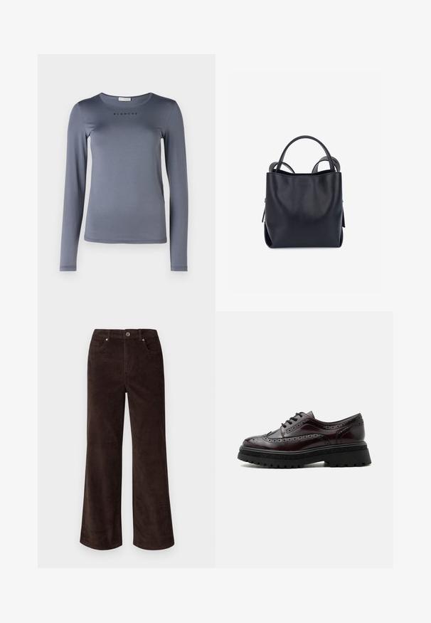 Camisa de manga larga gris, hecha de material suave, con un escote redondo y la palabra "BLANCHE" impresa en negro en el pecho.; Vero Moda Petite VMTESSA PANTS - Pantalones - chocolate torte; Zapato brogue de cuero burdeos oscuro con suela negra gruesa y perforaciones decorativas, visto de lado sobre un fondo liso.; Bolso de mano de cuero negro con textura suave, forma estructurada, dobles asas superiores y diseño minimalista. Presenta detalles sutiles en los laterales.