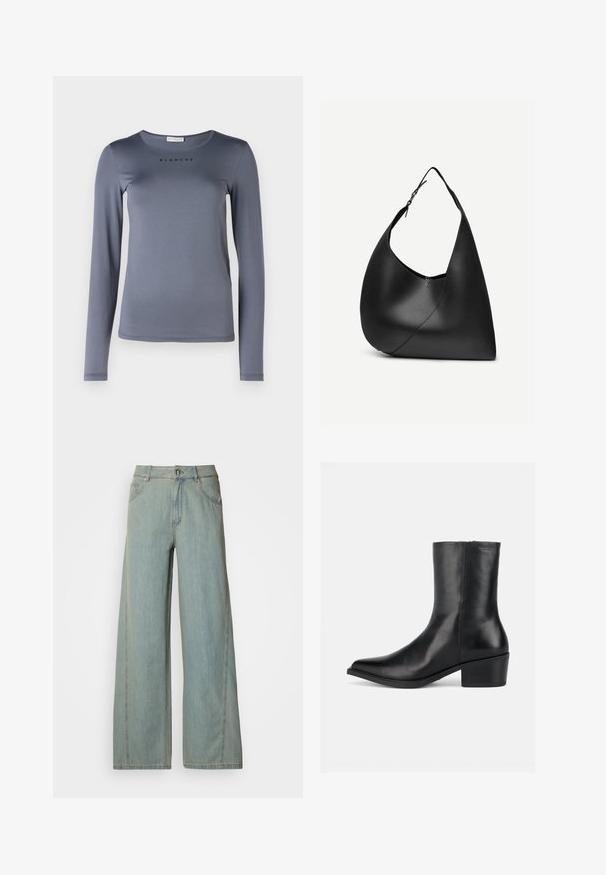 Camisa de manga larga gris, hecha de material suave, con un escote redondo y la palabra "BLANCHE" impresa en negro en el pecho.; Vaqueros de pierna ancha de color azul claro, confeccionados en denim, con cierre de botón y cremallera, cinco bolsillos y detalles de costura en contraste.; Bota negra de cuero hasta media pantorrilla con punta puntiaguda y tacón bloque, cierre lateral con cremallera y acabado liso sobre fondo blanco.; Bolso de hombro de cuero negro con forma triangular curva, una única correa ajustable y una costura diagonal visible en el frente.
