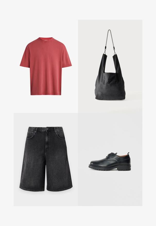 Rotes T-Shirt mit kurzen Ärmeln aus weicher Baumwolle. Rundhalsausschnitt mit entspanntem Schnitt und glatter Textur, mit einfachem Muster.; Schwarze Jeans-Shorts mit einem weit geschnittenen, geraden Schnitt, mit einem Frontknopfverschluss und fünf Taschen. Weiche Textur mit einem verwehten Finish.; Schwarze Leder Derby-Schuhe mit glatter Textur, runder Zehenform, Schnürdesign und einer dicken, robusten Gummisohle.; Schwarze weiche Stofftragetasche mit breiten Griffen und einem dünnen schwarz-weißen geflochtenen Schulterriemen.