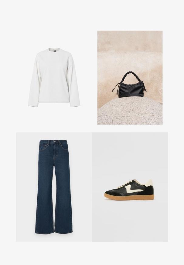 Weißes Sweatshirt mit langen Ärmeln, runder Ausschnitt, lockerer Passform und weicher Textur. Keine sichtbaren Muster oder Hardware-Details.; Dunkel gewaschene, aus Denim gefertigte Schlagjeans. Verfügt über fünf Taschen, einen Knopfverschluss und sichtbare Nähte entlang der Säume.; Schwarze Wildleder- und Leder-Sneaker mit einem cremefarbenen Seiten-Swoosh und einer hellcremefarbenen Ferse. Ausgestattet mit beige Schnürsenkeln und einer Gummilaufsohle.; Schwarze geraffte Handtasche mit einem gesammelten Griff, die auf einer strukturierten Steinkugel vor einem beigen Betonwand-Hintergrund liegt.