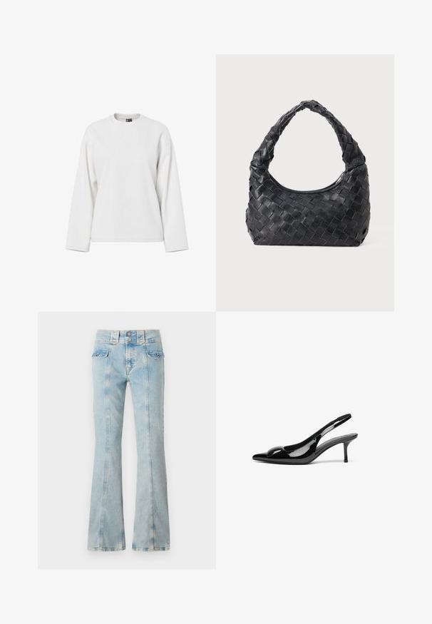 Sudadera blanca de manga larga con cuello redondo, ajuste relajado y textura suave. Sin patrones visibles ni detalles de hardware.; Pepe Jeans FLARE VENUS ARCHIVE TINT - Vaqueros a campana - denim; Tacones slingback de charol negro con punta afilada y acabado brillante. Presentan un tacón delgado y un acento redondeado en el empeine.; Bolso de hombro de cuero negro trenzado con un asa redondeada y un cuerpo en forma de media luna sobre un fondo liso.