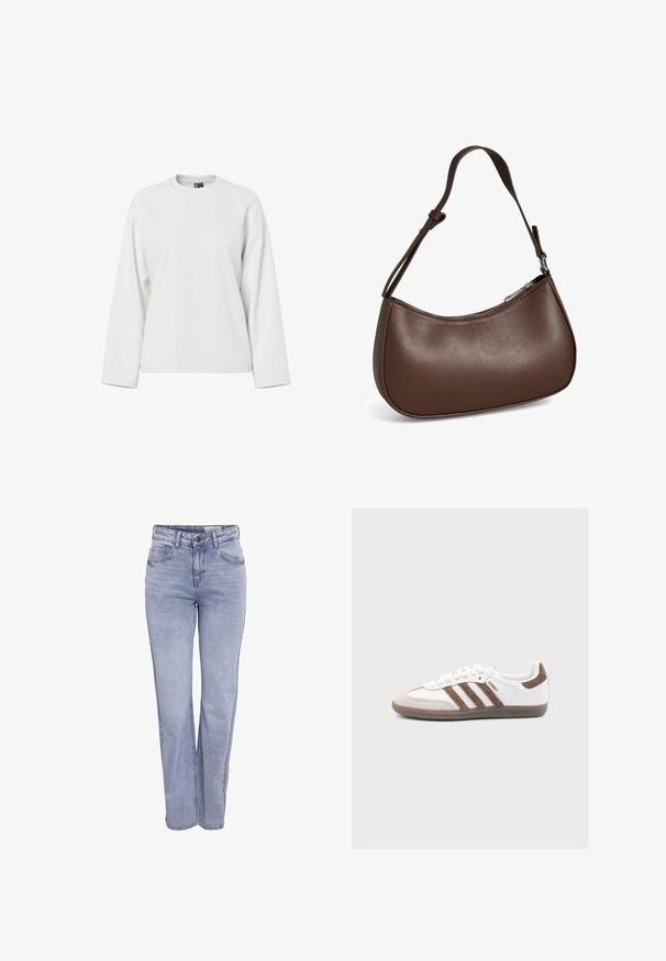 Sweatshirt blanc à manches longues avec un col rond, coupe décontractée et texture douce. Aucun motif visible ni détail matériel.; Jean droit bleu clair en denim, doté d'une fermeture à bouton, de cinq poches et d'une décoloration subtile sur le devant et à l'arrière.; Baskets blanches Adidas Samba avec des bandes en daim marron, un bout en daim marron et une semelle en gomme sur fond gris clair.; Petit sac bandoulière en cuir marron avec sangle réglable et fermeture éclair, présenté sur fond blanc. Aucun logo ou décoration visible.