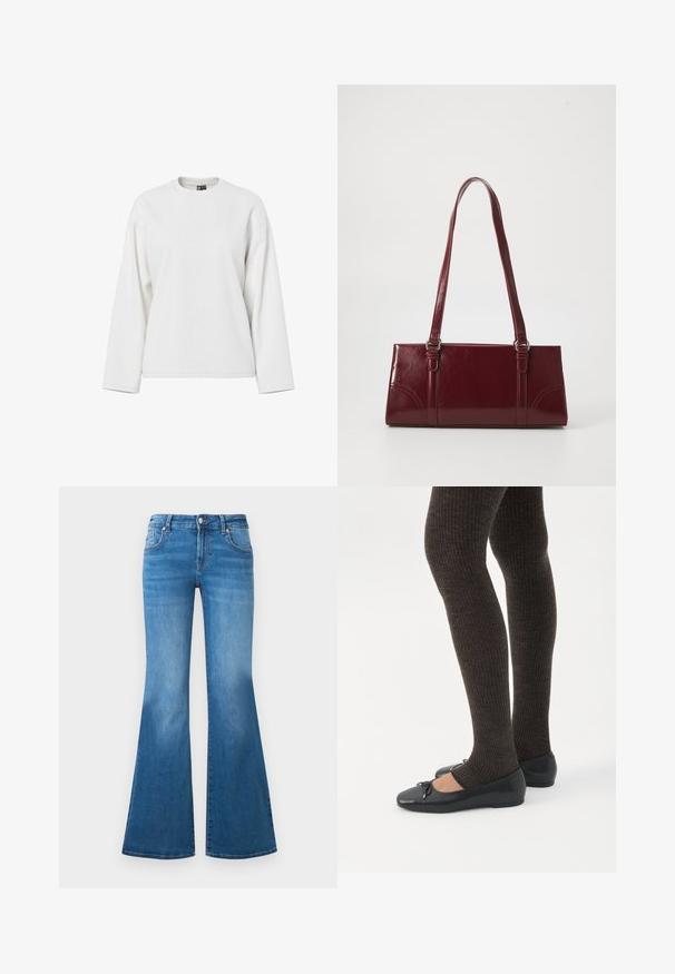White long-sleeve sweatshirt featuring a round neckline, relaxed fit, and soft texture. No visible patterns or hardware details.; Flared blue denim jeans with a mid-rise waist, five pockets, and faded detailing on the thighs. Silver hardware accents on buttons.; Legs wearing dark ribbed leggings paired with black ballet flats featuring small bow details on a white background.; Burgundy handbag made of glossy material, rectangular shape, with two shoulder straps and subtle curved accents on the front.