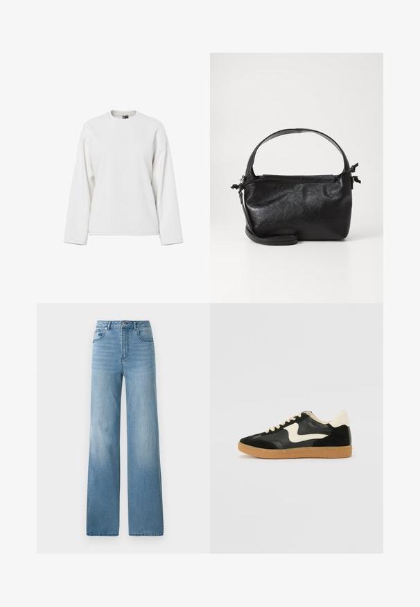 Sweatshirt blanc à manches longues avec un col rond, coupe décontractée et texture douce. Aucun motif visible ni détail matériel.; Jean taille haute bleu clair avec une coupe droite. Fabriqué en denim, avec cinq poches et une fermeture à bouton.; Baskets en daim et cuir noir avec un swoosh latéral crème et un talon crème clair. Dotées de lacets beige et d'une semelle en caoutchouc gomme.; Sac à main en cuir noir au design structuré, avec une poignée arrondie et une bandoulière amovible. Présente une texture lisse et un éclat subtil.