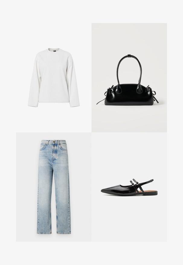 Sweatshirt blanc à manches longues avec un col rond, coupe décontractée et texture douce. Aucun motif visible ni détail matériel.; Jean bleu clair avec une coupe droite, fabriqué en denim. Il dispose de cinq poches, d'une fermeture à boutons et d'un léger effet délavé sur l'ensemble.; Des chaussures slingbacks en cuir verni noir présentent un bout pointu, deux sangles avec des accents de boucle, et une semelle plate.; Petit sac à main noir brillant avec deux longues anses et des détails à cordon sur les côtés sur un fond clair uni.