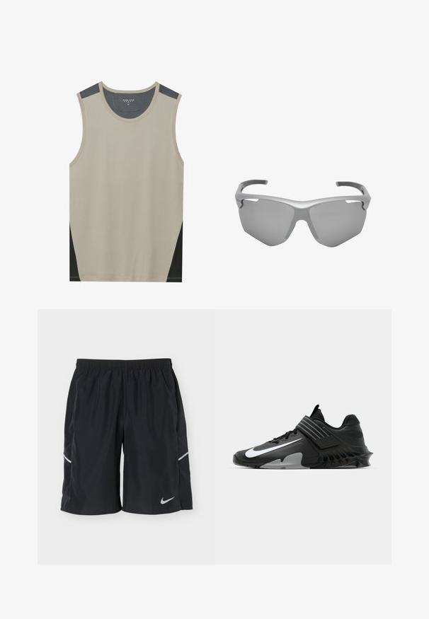 Beige mouwloze tanktop met donkergrijze schouderaccenten en zwarte zijpanelen. Gladde textuur met een ronde halslijn.; Zwarte atletische shorts met elastische tailleband en reflecterend Nike-logo op het onderste linkerbeen tegen een effen achtergrond.; Zwarte sportchoenen met een slank ontwerp, voorzien van een opvallend wit Nike-logo, textuur overlays en een onderscheidende gemodelleerde zool.; Omliggende sportzonnebril met een enkele donkergetinte lens en een dik gebogen grijs montuur, ontworpen voor gebruik buitenshuis.
