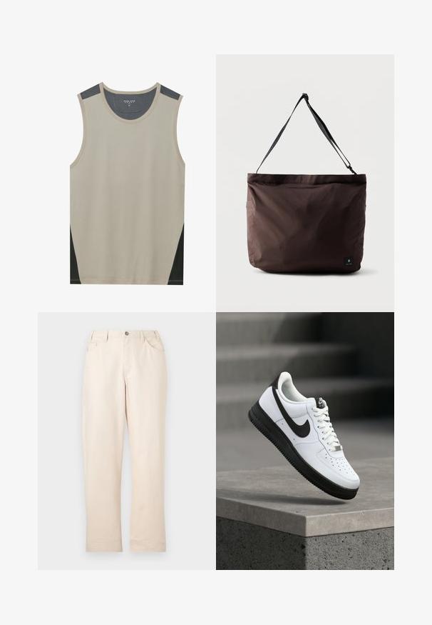 Top sin mangas en color beige con acentos de hombro en gris oscuro y paneles laterales en negro. Textura suave con un escote redondeado.; Pantalones beige de corte recto con cierre de botón, trabillas para cinturón, dos bolsillos delanteros y un pequeño bolsillo para monedas sobre un fondo blanco.; Zapatilla deportiva de cuero blanco con detalles en negro, punta redondeada y detalles perforados. Suela de goma negra con patrón texturizado y cierre de cordones.; Bolso tote de tela marrón con una textura suave, correa negra ajustable y bolsillo lateral. Cuenta con una pequeña etiqueta de logo en la parte delantera.