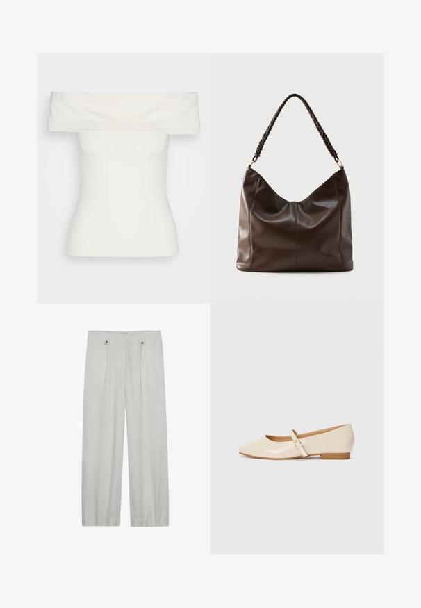 Λευκή μπλούζα off-the-shoulder από ελαστικό ύφασμα, στενή σχεδίαση, λεία υφή με φαρδιά λαιμόκοψη και κοντά μανίκια. Χωρίς σχέδια ή διακοσμήσεις.; Ανοιχτό γκρι παντελόνι σε ίσια γραμμή φτιαγμένο από μαλακό ύφασμα. Διαθέτει δύο πιέτες μπροστά, δύο κουμπιά και λεία υφή.; Μπεζ παλτό δερμάτινα μπαλαρίνες με τετράγωνη μύτη, μικρό τακούνι και ρυθμιζόμενο λουράκι στον αστράγαλο με χρυσή αγκράφα.; Σκούρο καφέ δερμάτινη τσάντα ώμου με πλεκτή λαβή και εμφανείς λεπτομέρειες ραφής στο μπροστινό μέρος.