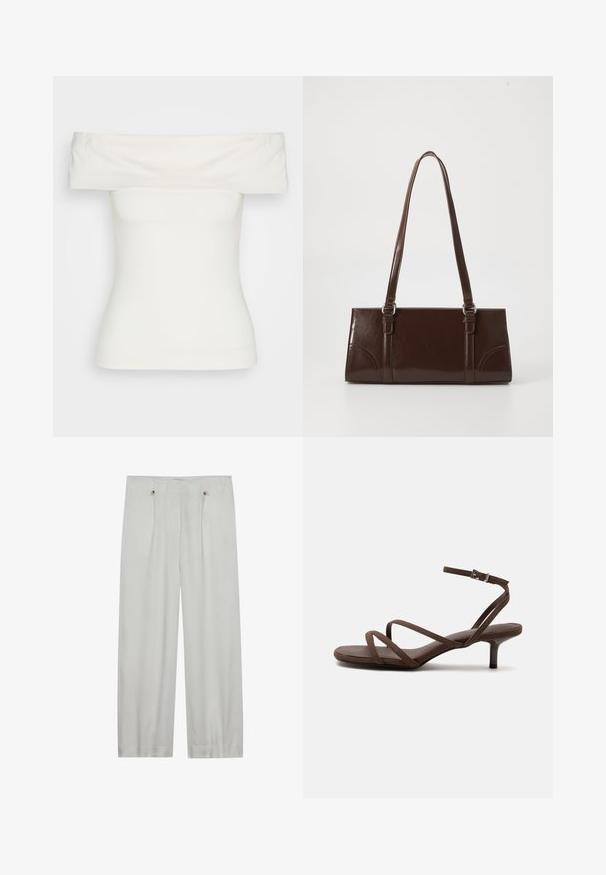 Λευκή μπλούζα off-the-shoulder από ελαστικό ύφασμα, στενή σχεδίαση, λεία υφή με φαρδιά λαιμόκοψη και κοντά μανίκια. Χωρίς σχέδια ή διακοσμήσεις.; Ανοιχτό γκρι παντελόνι σε ίσια γραμμή φτιαγμένο από μαλακό ύφασμα. Διαθέτει δύο πιέτες μπροστά, δύο κουμπιά και λεία υφή.; Καφέ σανδάλι με ψηλό τακούνι, λεπτά σταυρωτά λουριά και λουράκι στον αστράγαλο με ασημένιο πόμολο σε λευκό φόντο.; Καφέ πατεντωμένη δερμάτινη τσάντα σε ορθογώνιο σχήμα, με δύο μακριές λαβές και λεπτές καμπύλες λεπτομέρειες στο μπροστινό μέρος.
