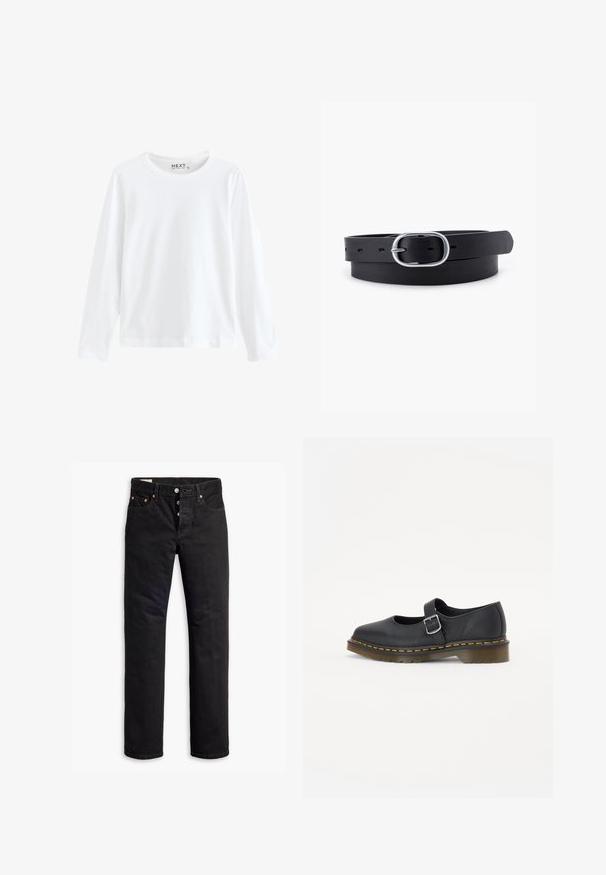 Witte lange mouwen T-shirt van katoen, met een ronde hals en een eenvoudig ontwerp, met een gelijkmatige textuur en geen zichtbare patronen of accenten.; Zwarte denim jeans met een rechte snit, vijf-pocket ontwerp en een knoopsluiting. Beschikt over koperen klinknagels en stikselaccenten.; Zwarte leren Mary Jane schoenen met een ronde neus, verstelbare gesp, gele stiksels en een stevige bruine rubberen zool.; Zwarte leren riem met een gladde textuur, ovaal zilveren metalen gespsluiting en meerdere verstelgaten langs de band. Platte, minimalistische uitstraling.