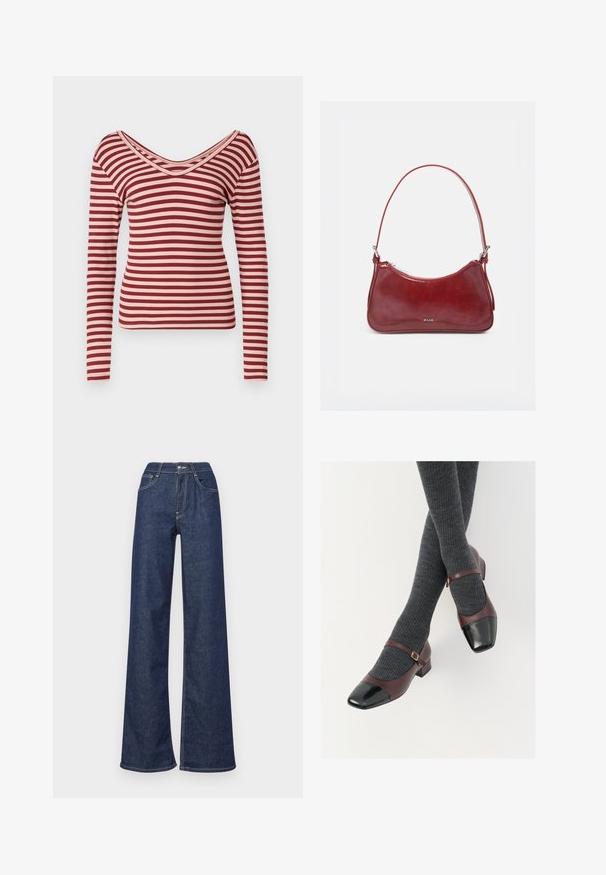 Camisa de manga larga a rayas en rojo y rosa pálido, con un escote en V profundo, textura acanalada y diseño ajustado.; Jeans de mezclilla de pierna ancha en azul oscuro, con una cintura alta, bolsillos frontales, costuras visibles y un acabado limpio en los dobladillos.; Zapatos Mary Jane de cuero burdeos con una puntera de charol negra y una delgada correa al tobillo; llevados con calcetas de canalé gris oscuro. Tacón bajo tipo bloque.; Pequeño bolso brillante de color rojo oscuro con una sola correa, cremallera plateada y logo "RAID" en el centro delantero.