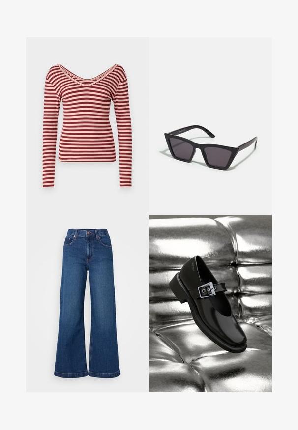 Camisa de manga larga a rayas en rojo y rosa pálido, con un escote en V profundo, textura acanalada y diseño ajustado.; Jeans de mezclilla de pierna ancha en azul oscuro, con cintura alta, diseño de cinco bolsillos y dobladillos acampanados. Textura suave con detalles de costura sutil.; Zapato Mary Jane negro de cuero con punta cuadrada, acento de hebilla plateada y un tacón bajo y grueso, colocado sobre un fondo plateado brillante.; Gafas de sol negras y angulares con lentes grises; fabricadas en plástico, con varillas gruesas de superficie suave y sin herrajes visibles.