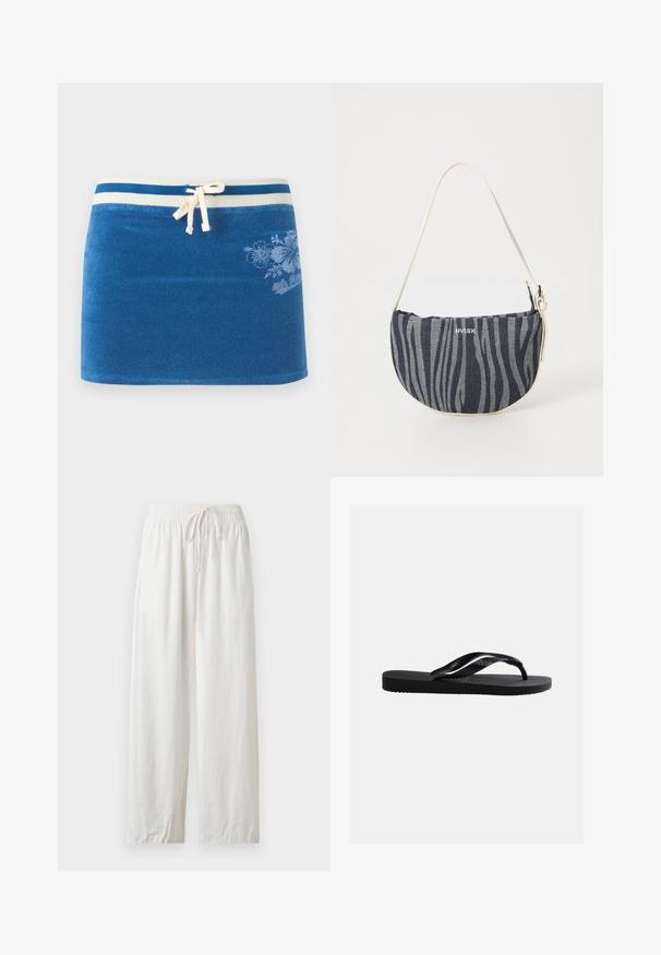 Jupe en éponge bleue avec ceinture rayée blanche, cordon à l'avant et imprimé floral subtil sur le côté droit.; Pantalon ample en lin blanc avec taille élastique et cordon, présenté à plat sur un fond neutre.; Sandale tong noire en caoutchouc avec semelle texturée et brides lisses, vue de côté sur un fond gris clair uni.; Sac en denim à la forme incurvée, présentant un motif de rayures zèbre bleu marine et bleu clair, une bandoulière blanche et le logo de la marque bien en évidence.