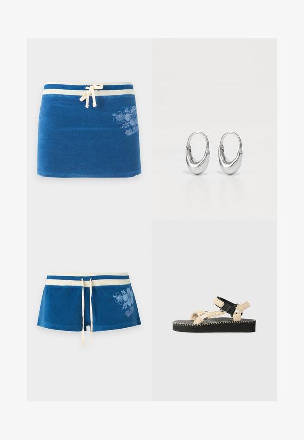 Jupe en éponge bleue avec ceinture rayée blanche, cordon à l'avant et imprimé floral subtil sur le côté droit.; Short en tissu éponge bleu avec des bandes blanches à la taille, lien de serrage et imprimé floral bleu clair sur le côté droit.; Sandales à sangle tissée avec une tige en corde de couleur crème, semelle noire, semelle intérieure texturée et couture blanche contrastante.; Boucles d'oreilles en argent en forme de goutte d'eau, courbées et à finition polie. Dotées d'un fermoir sécurisé et d'une texture lisse.