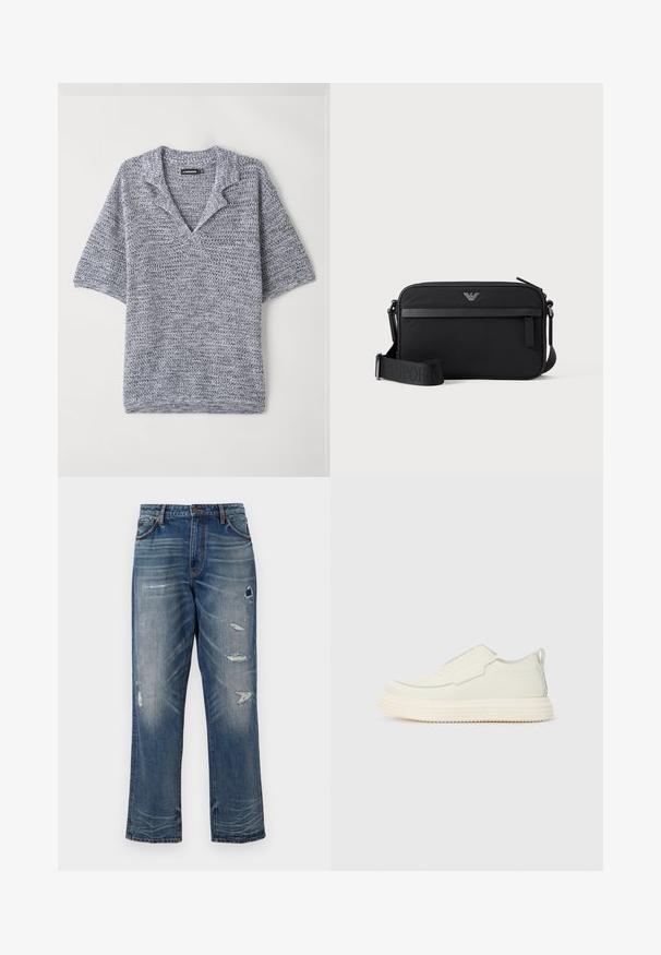 Kortærmet pullover i struktureret strik, med V-hals og en grå-blå farve med et subtilt mønster. Blødt, let materiale.; Blå denim jeans med afslappet pasform, der har slidte lapper og falmede områder. De har standardlommer og synlige syninger som detaljer.; Slip-on sneaker i off-white tekstureret materiale med en tyk, rillet sål. Har minimale sømme og et subtilt lysblåt accent.; Sort rektangulær crossbody-taske med lynlåslomme foran, justerbar rem og lille metallogo øverst i midten.