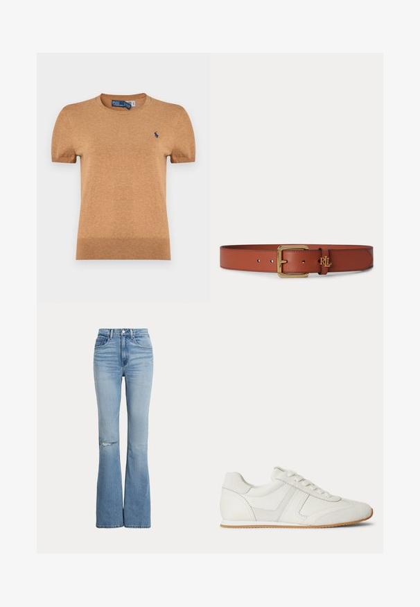 T-shirt à manches courtes, col rond, de couleur marron clair. Texture tricotée, avec un petit logo bleu sur le côté gauche de la poitrine.; Jean évasé taille haute bleu clair avec poches avant, fermeture bouton et zip, et une petite déchirure au niveau du genou gauche.; Baskets basses blanches avec laçage à l'avant, panneaux en daim et cuir, et une semelle en caoutchouc marron clair sur fond blanc.; Ceinture en cuir marron avec boucle dorée et petit logo doré RLL sur la boucle, posée à plat sur un fond gris clair.