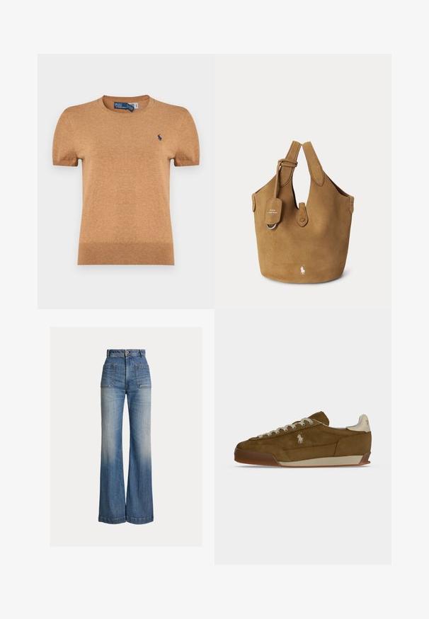 T-shirt à manches courtes, col rond, de couleur marron clair. Texture tricotée, avec un petit logo bleu sur le côté gauche de la poitrine.; Jean en denim bleu taille haute avec jambes larges, poches plaquées à l'avant, fermeture par boutons et zones délavées sur les cuisses et les genoux.; Baskets en daim marron avec lacets crème, semelle épaisse et petit logo blanc brodé sur le côté.; Sac cabas en daim marron avec double poignée, une petite étiquette, fermeture à bouton et logo Polo Ralph Lauren blanc sur le devant.